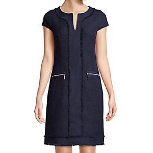Karl Lagerfeld Paris Dresses & Skirts - Karl Lagerfeld Paris Short Sleeve V-Neck Frayed Tweed Sheath Dress, Navy, Size 6